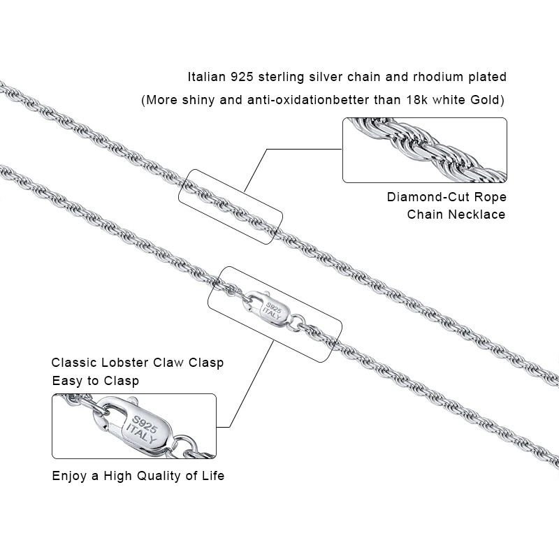
RINNTIN SC29 Supplies Jewelry Making for Women Men Italian 925 Sterling Silver 1.7mm Diamond-Cut Rope Chain Necklace 