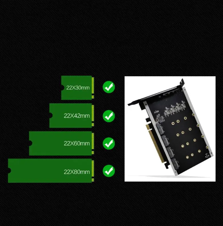 4 * NVMe SSD Adapter NGFF M.2 Key M Slot To PCI Express PCl-E 16X PCIe X16 Expansion Converter Riser Card