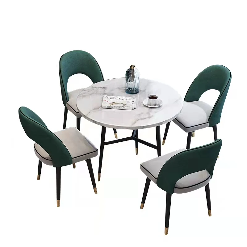 Modern Italian  marble top round rotating dining table with wood leg