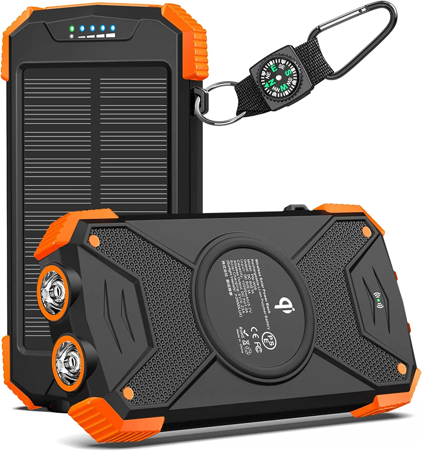 10000 мАч солнечное зарядное устройство Power Bank Беспроводное Входной выход двойной супер яркий фонарик компас Карабин