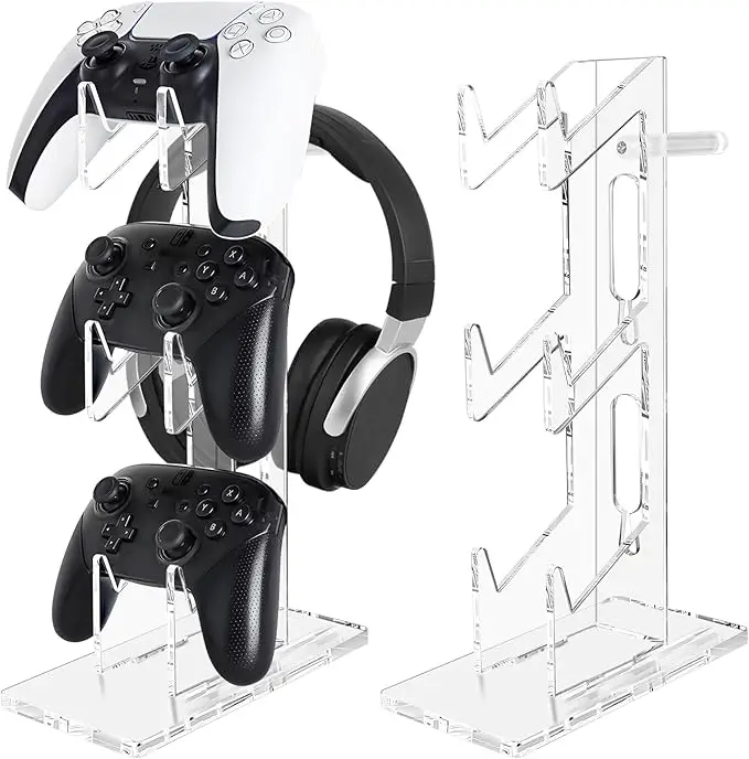 Universal Dual Controller Stand with Headphone Holder 3 Tiers Acrylic Clear Game Controller Display Rack