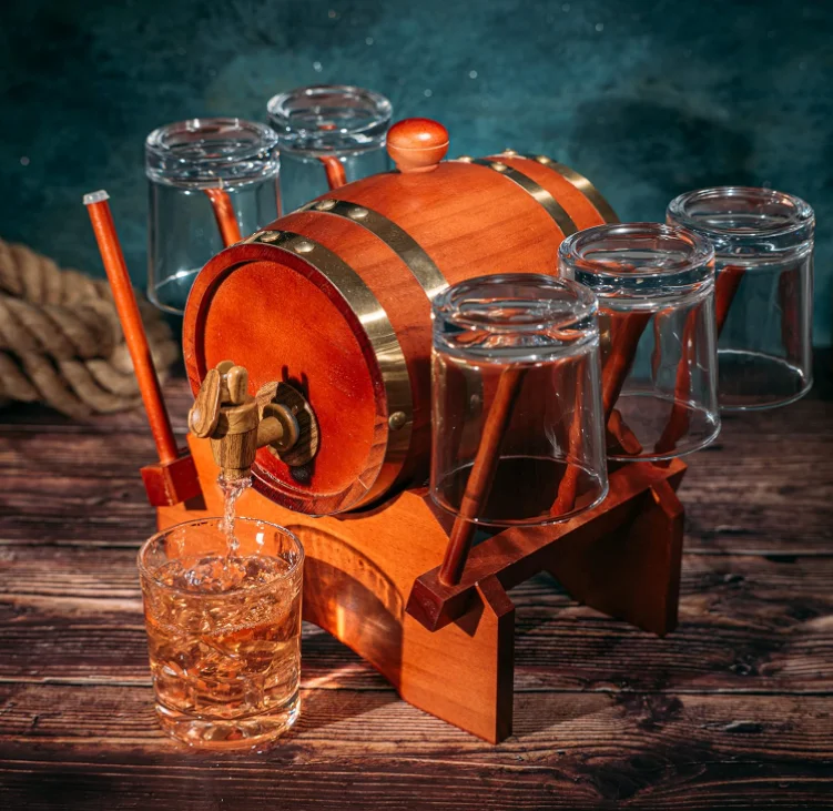 1000 mL Mahogany Wood Old Fashioned Classic Whiskey Decanter Set Barrel Decanter with 6 Whiskey Glasses