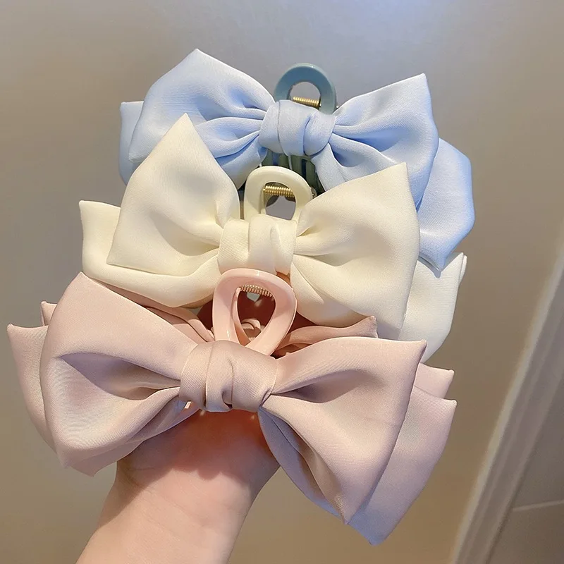 Korean Elegant Women Satin Bow Hair Claws Grab Hair Clips Large Sweet Butterfly Bowknot Shark Clip Ponytail Clips Hairgrips