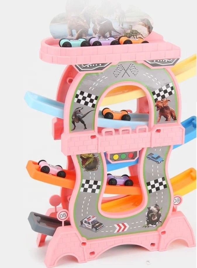 ITTL popular 6 rail 6 cars slide toy track set easy assemble plastic car  track