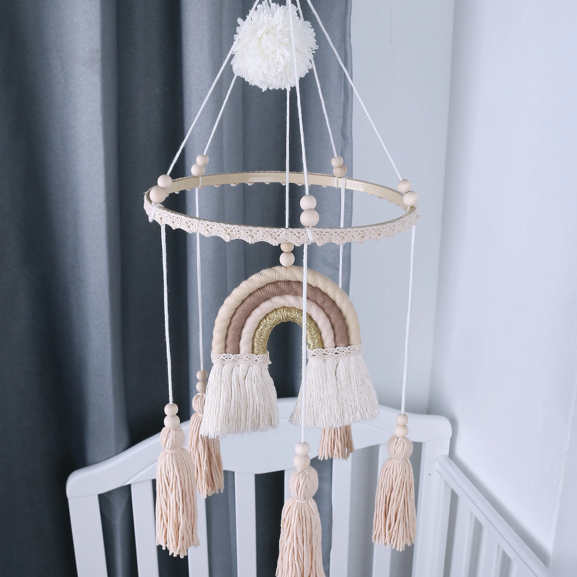 Handmade Woven Rainbow Wooden Multi Color Safe Baby Toy Ornaments Crib Pendant With Tassel For Baby Bed Decoration