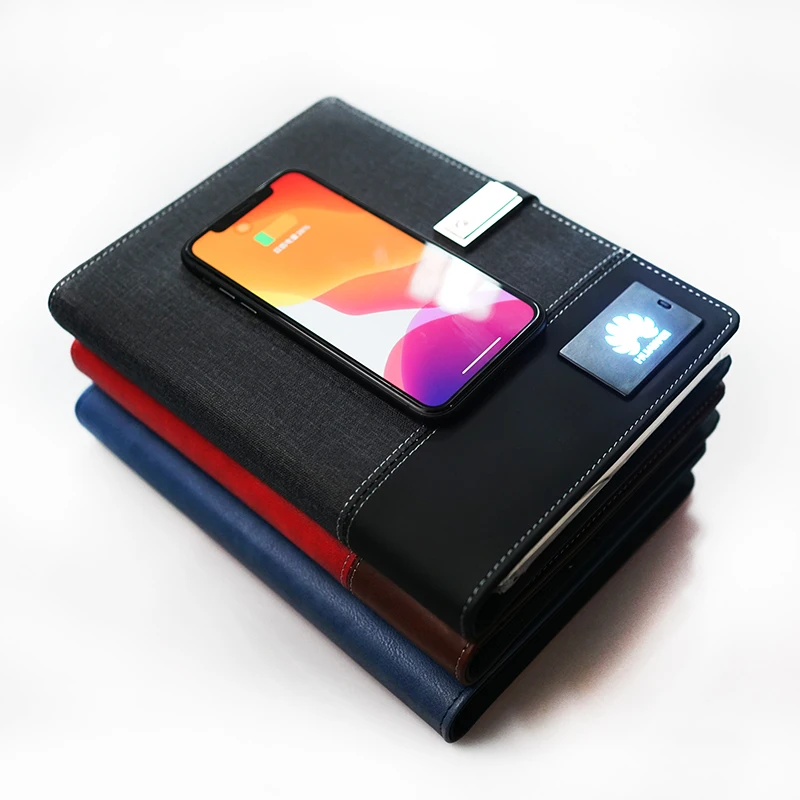 2021 Wholesale Wireless Powerbank Diary Notebook with LED Light Logo USB flash Drive PU Leather A5 Planner for Office Business