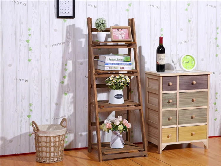 Factory Cheap Vintage Plant Display Rack 3 Tiered Adjustable Wood Bookshelf