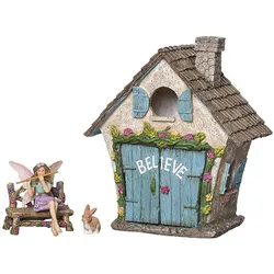 Fairy Garden House Kit Hand Painted with Opening Doors and Miniature Fairy Figurine With Accessories Indoor Outdoor Set for Home