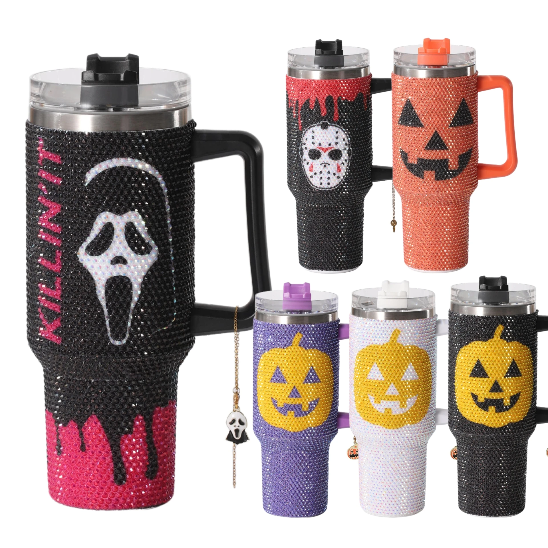 New Design Halloween Pumpkin Pattern 40oz Bling Diamond Rhinestone Tumbler Double Wall Stainless Steel Coffee Mug with Handle