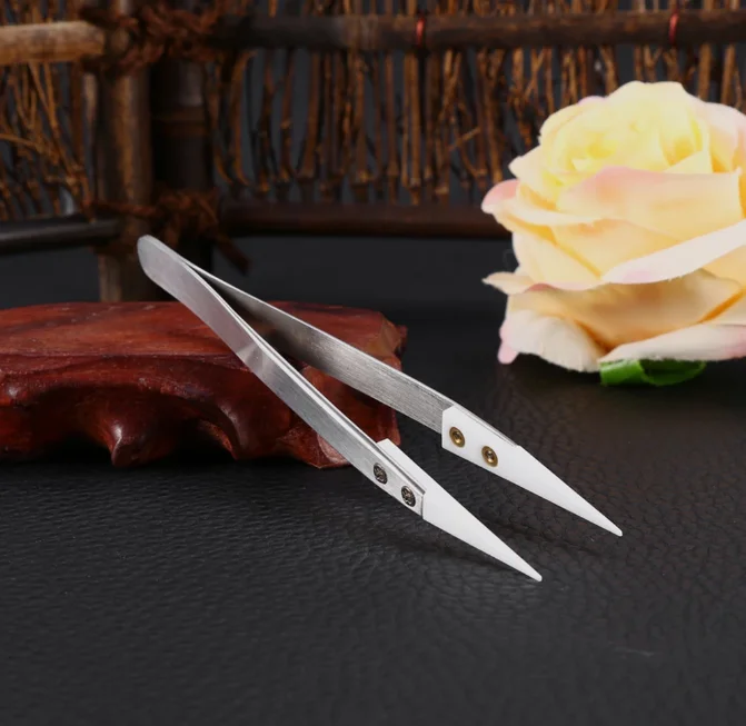 Ceramic Heat Resistant Tweezers Durable Stainless Steel Non Conductive Ceramic Pointed Tip Forceps DIY Tools Hand Tool
