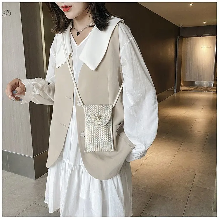 The 2024 New Pearl Contracted Mobile Phone Zero Wallet Cotton Thread Woven Contrast Color Stripe Small Bag