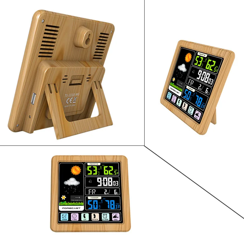 Hot selling wifi Wireless Weather Station wooden Day time Digital Calendar color touch screen usb port for mobile charging