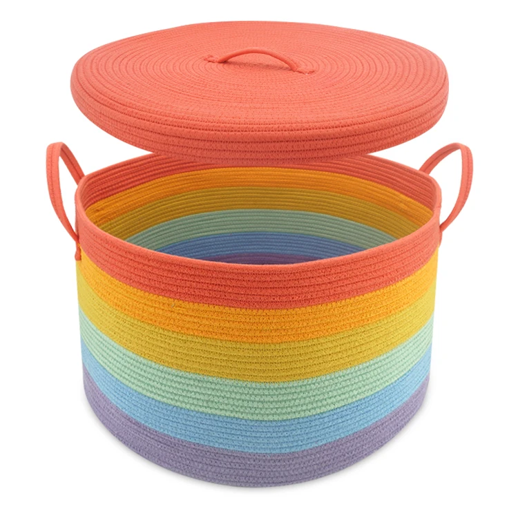 Colorful Handmade Circular Large Gift Woven Basket Cotton Rope Laundry Storage Basket With Cover