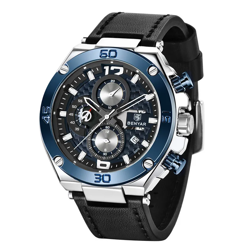 BENYAR Man Sport WristWatch Waterproof Chronograph Business Men Watch Military Top Brand Luxury Genuine Leather Male Clock 5151