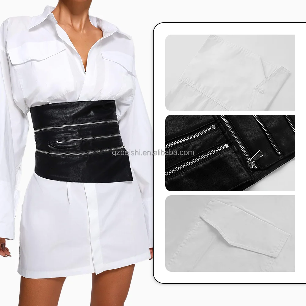 BEISHI Long Sleeve White Loose Casual Office Women Blouse Shirt  Ladies Tops Shirt Dress With Pu Waistband