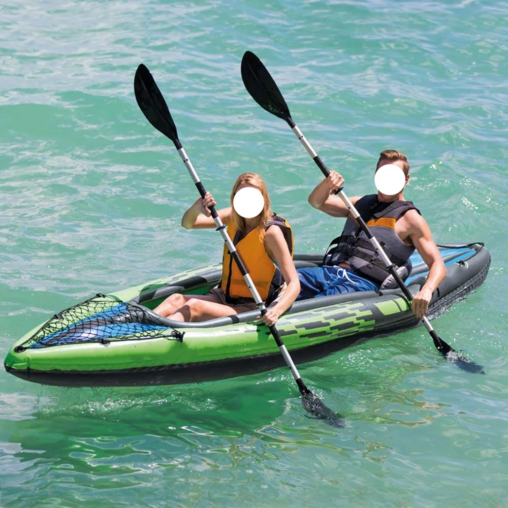 2-Person Canoe/Kayak Inflatable Rowing Ponton Boat Set with  Aluminum Oars and High Output Air Pump