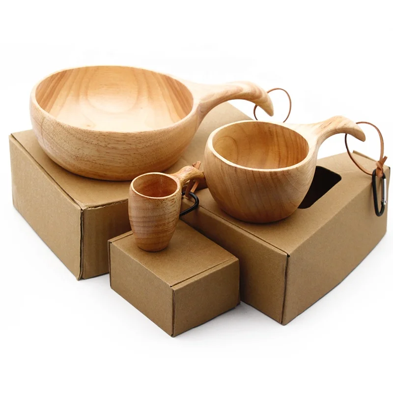 Outdoor Rubber Wood Kuksa Nordic Style Tableware Set Camping Wooden Coffee Cup Salad Bowl Mug Kit