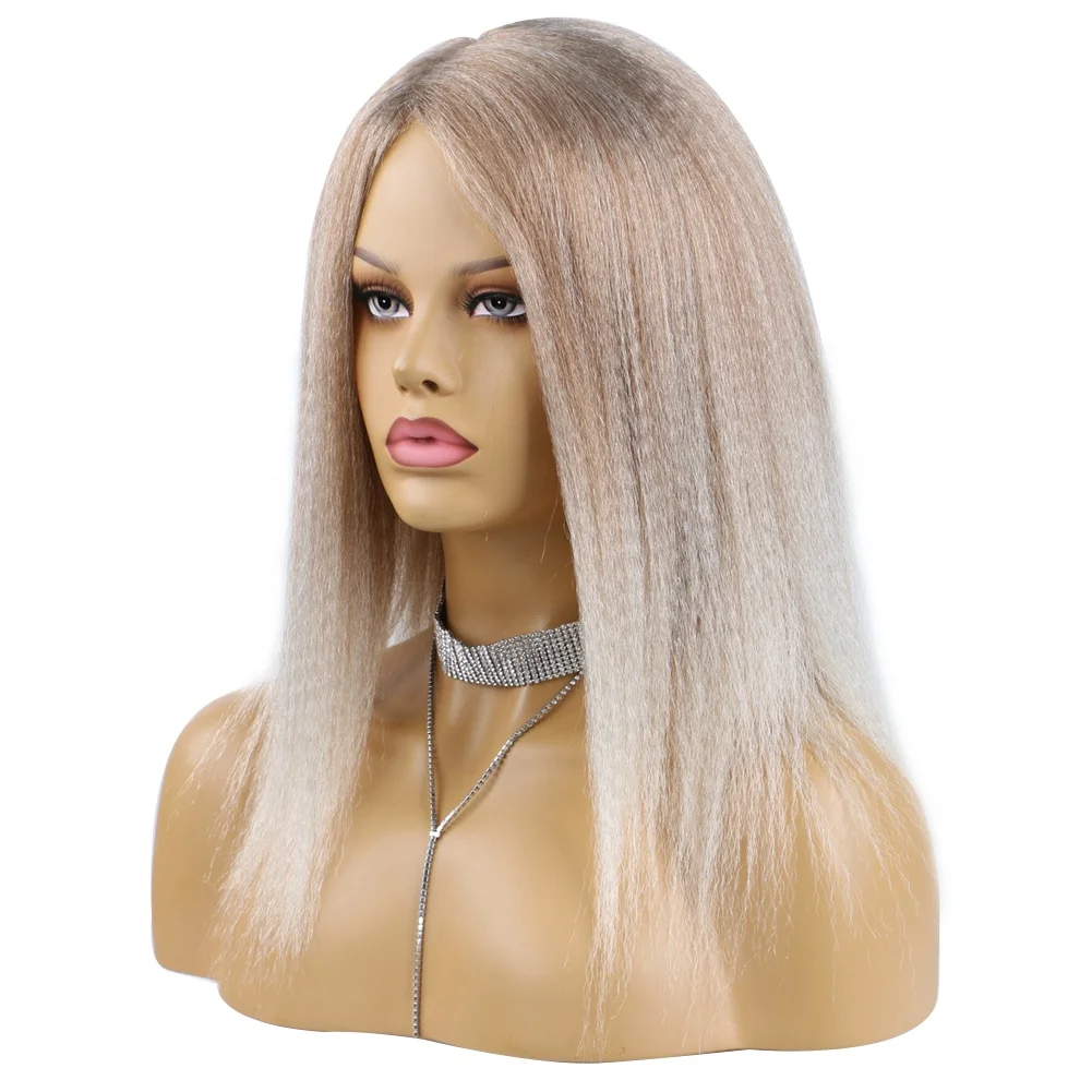 Cheap Wholesale African Wigs Soft Afro Kinky Yaki Wigs Ombre Brown Blonde 14 Inch Kinky Yaki Straight Hair Wig For Women