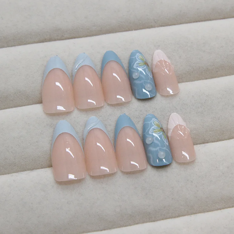 Wholesale French Summer New Artificial False Nails 3d Painting Simple Short Almond Shaped Press On Nails