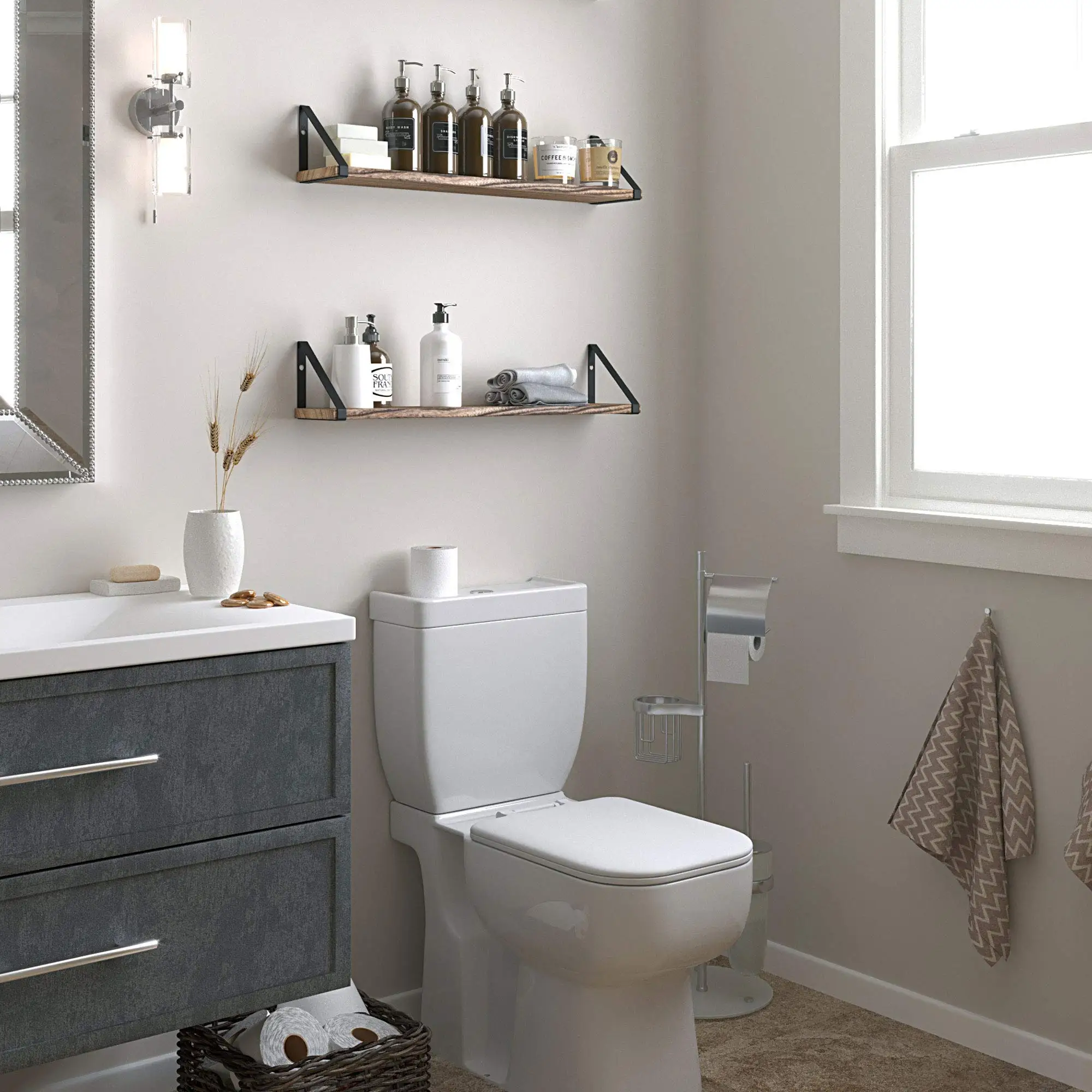 Natural Burnt Wood Floating Shelves Set of 2 Wooden Rack for Sundries Living Room Wall Decor and Book/DVD Storage Shelf