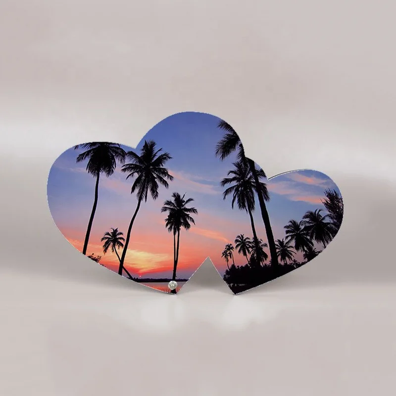 Good quality double heart shape sublimation blank mdf board and heat transfer wood photo frame for wedding decoration