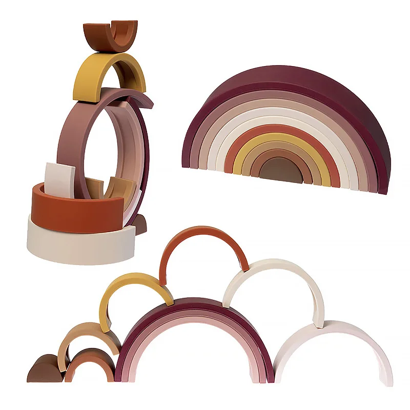 Hot Selling 10 Layers Brown Rainbow BPA Free Food Grade Silicone Building Blocks Baby Teething Kid Toddler Rainbow Stacking Toys