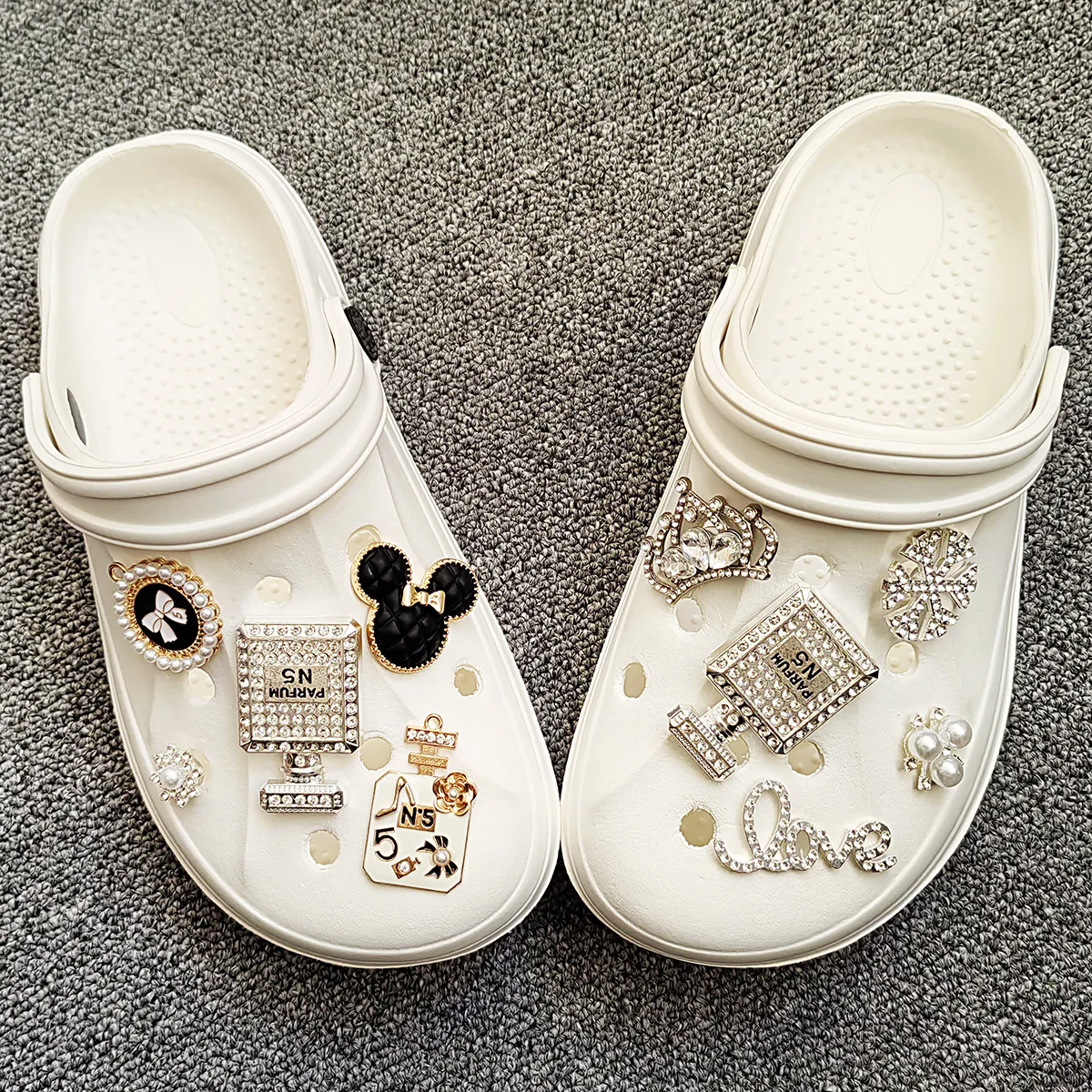 Silver khaki perfume bottle  shoe buckle accessories rhinestone crown love imitation pearl hole clogs charms slippers buckles