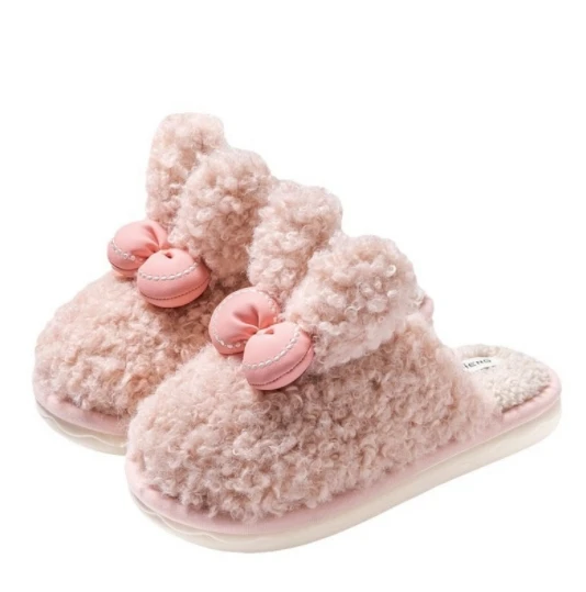 Rabbit ear bow cotton slippers Ladies winter home couple thick non-slip soft sole fluffy cute floor slippers