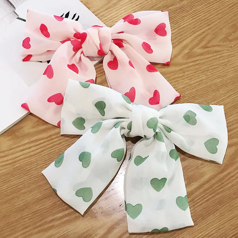 Лидер продаж женские аксессуары для волос большой Шелковый зажим модный с принтом сердца и двойным бантом шифоновый девочек
