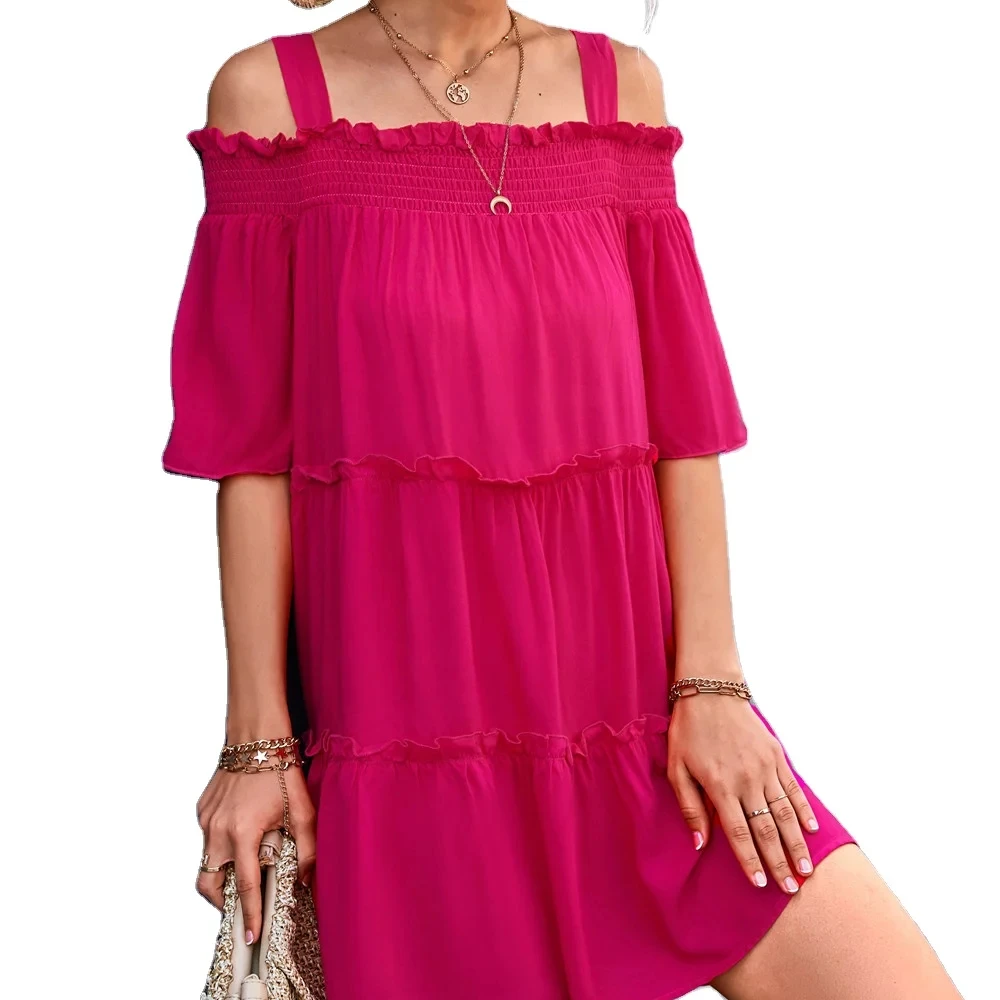 Popular Pure color one-shoulder strap dress cake skirt with floral prints Woven Simple clothing manufacturers custom