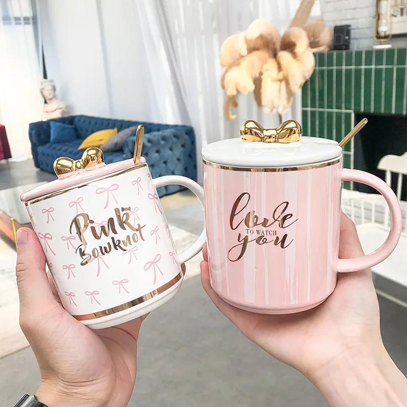 Feiyou wholesale custom 14oz golden edge cute bow porcelain cup personalized ceramic mug exquisite ceramic mug  christmas mugs