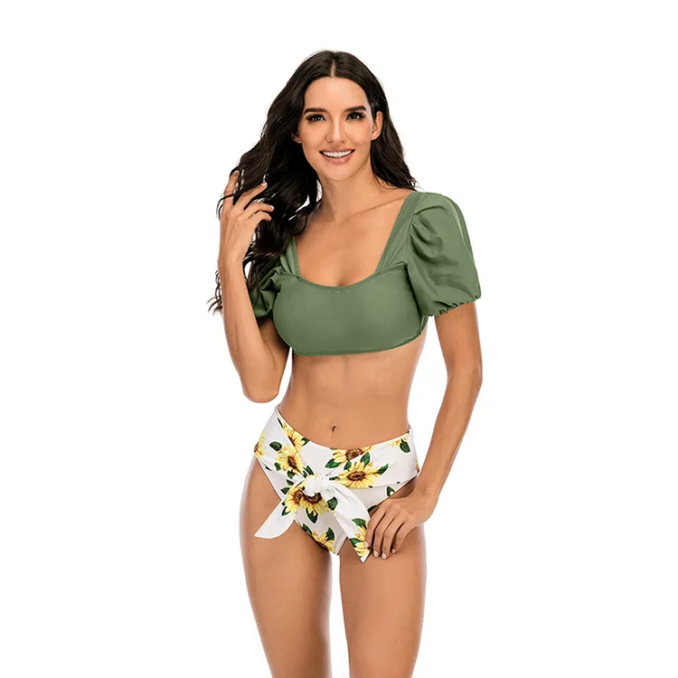 
New style swimsuit puff sleeve sexy open back bikini split swimsuit 
