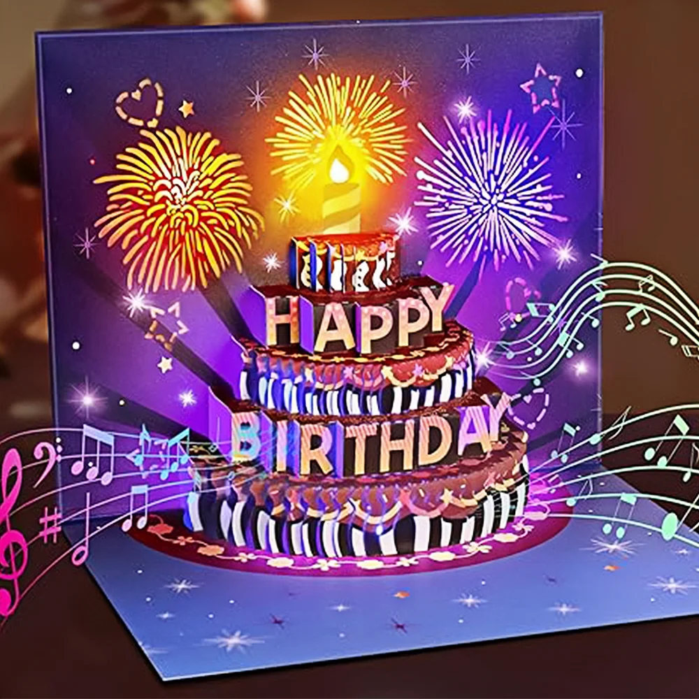 New arrival Lights and music 3D pop-up firework cake birthday card Creative handmade happy birthday card blessing gift