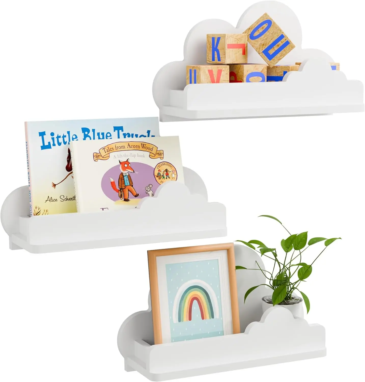 202407 Decorative Wooden White Cloud Bookshelf Wooden Floating Shelf Small Figure Wall Mounted Shelf