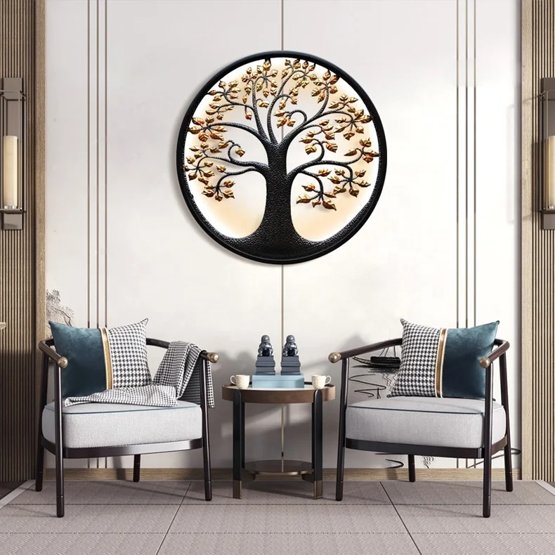 2022 New Trends Round Luxury Led Light Tree of Life Metal Wall Art Decoration