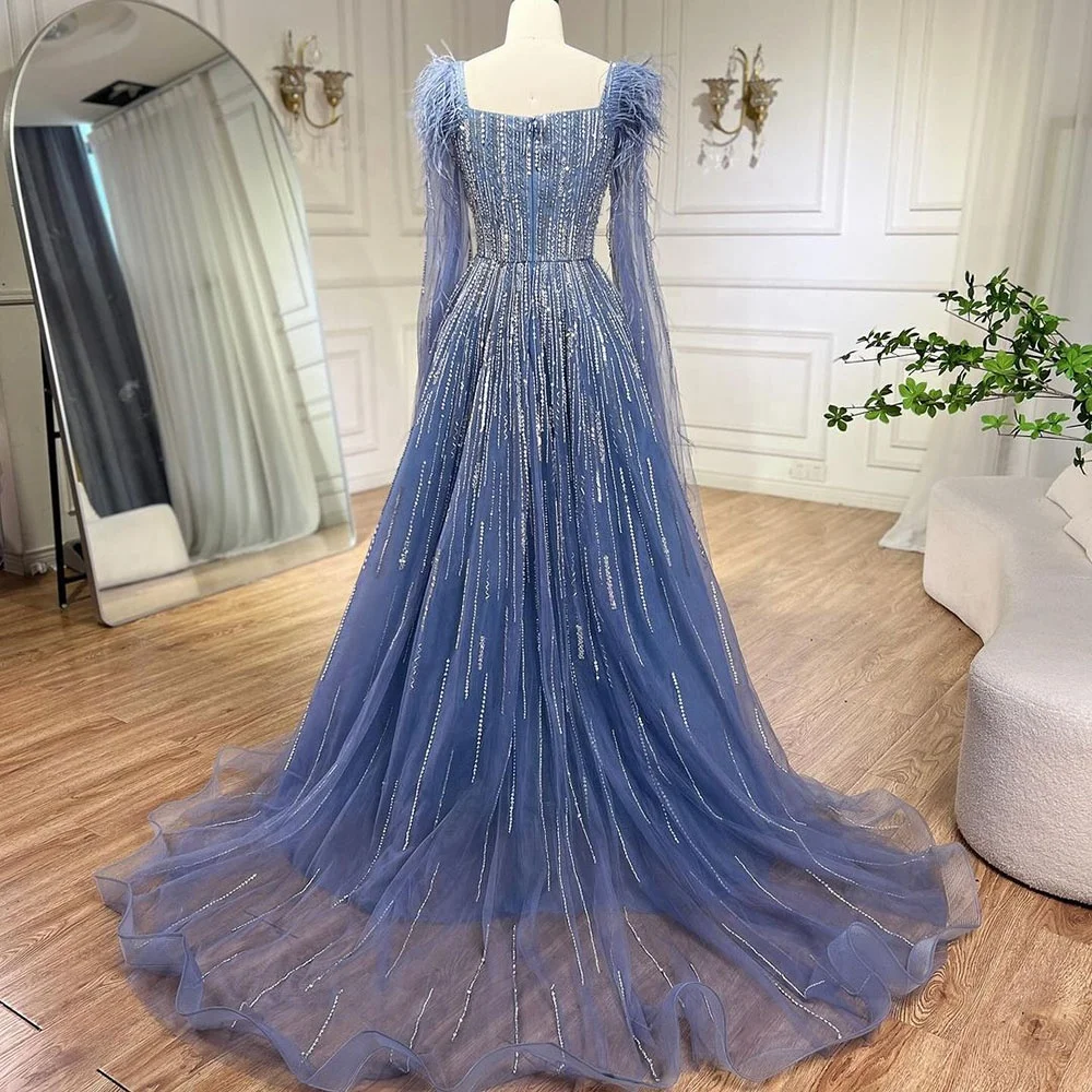 Blue A Line Cape Sleeves Feathers Beaded Dubai Evening Dresses Serene Hill LA72236 Wedding Party Gowns 2024 For Women