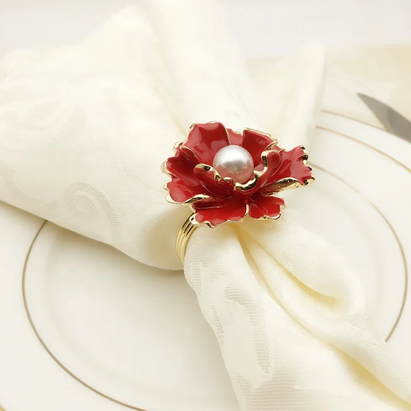 Popular Pearl Flower Napkin Rings Gold Metal Napkin Ring Holder Red Enamel Flower Wedding Napkin Rings HWW04