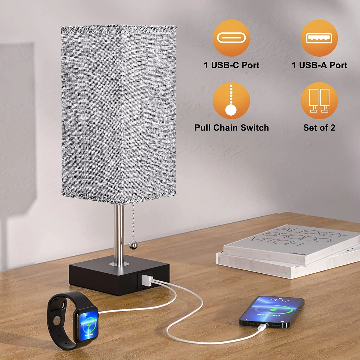 pull chain switch fabric shade  bedroom table lamp  Small Night Stand Light Lamp with USB charging port