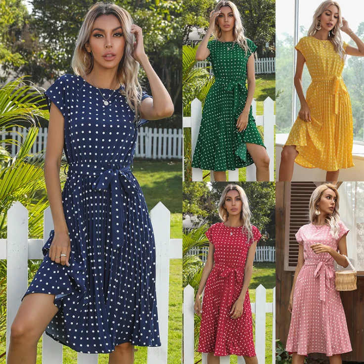 
new short sleeve dot polk knee midi dresses spotted bandage tiered spring casual dresses 