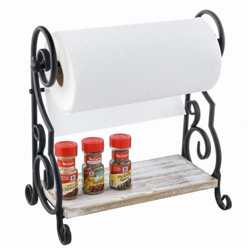 Hot sale Black metal solid wood scroll design toilet paper holder stand with shelf and storage
