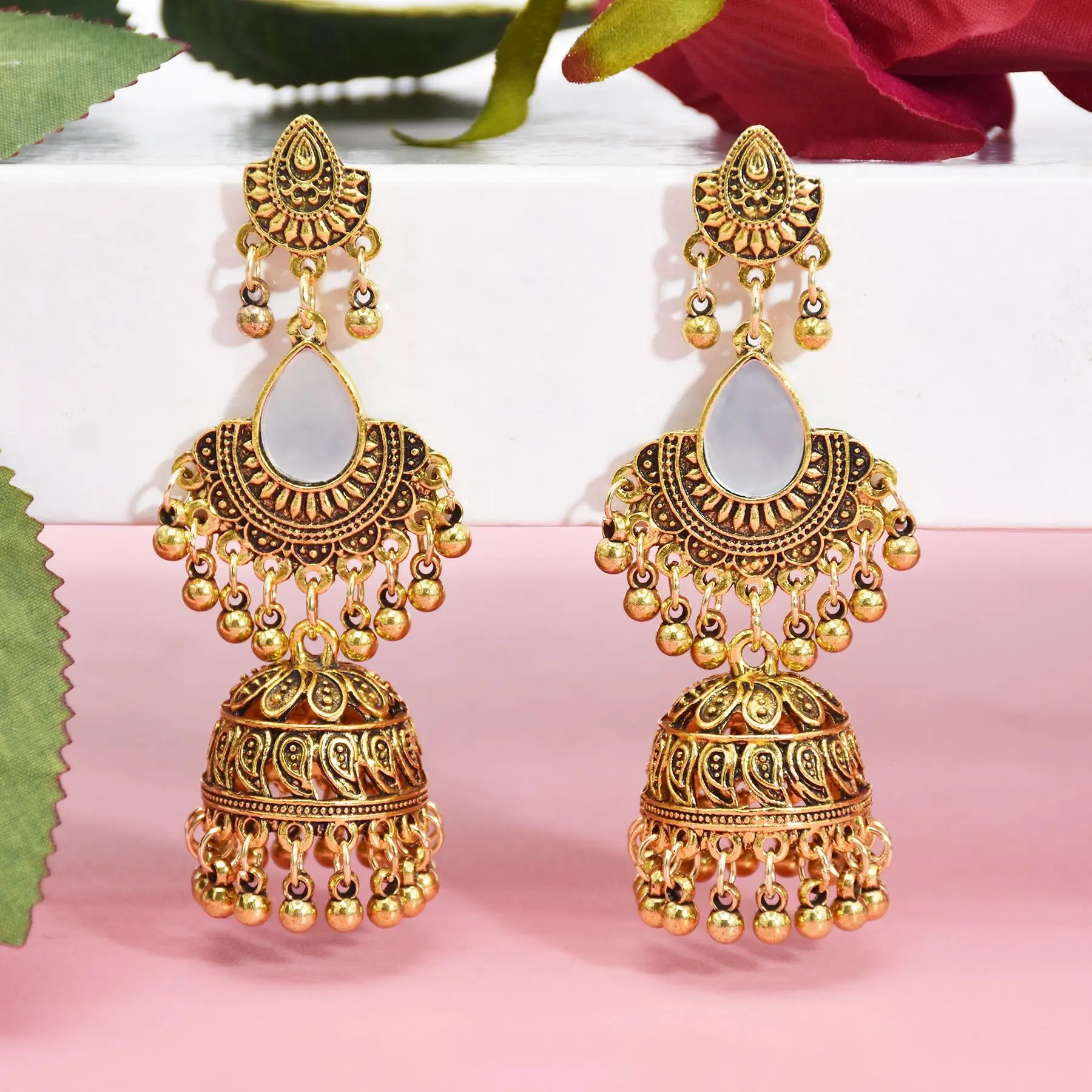 Vintage Ethnic Traditional Indian Bell Tassel Pendant Chandelier Jhumka Earrings Statement Earrings for Women