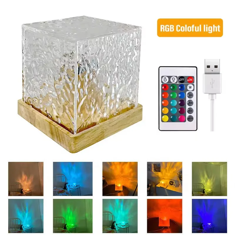Lonvel Wood Acrylic Material Night Lamp RGB Remote Control Dynamic Rotary Water Wave Home Bedroom Living Room Decor Table Lamp