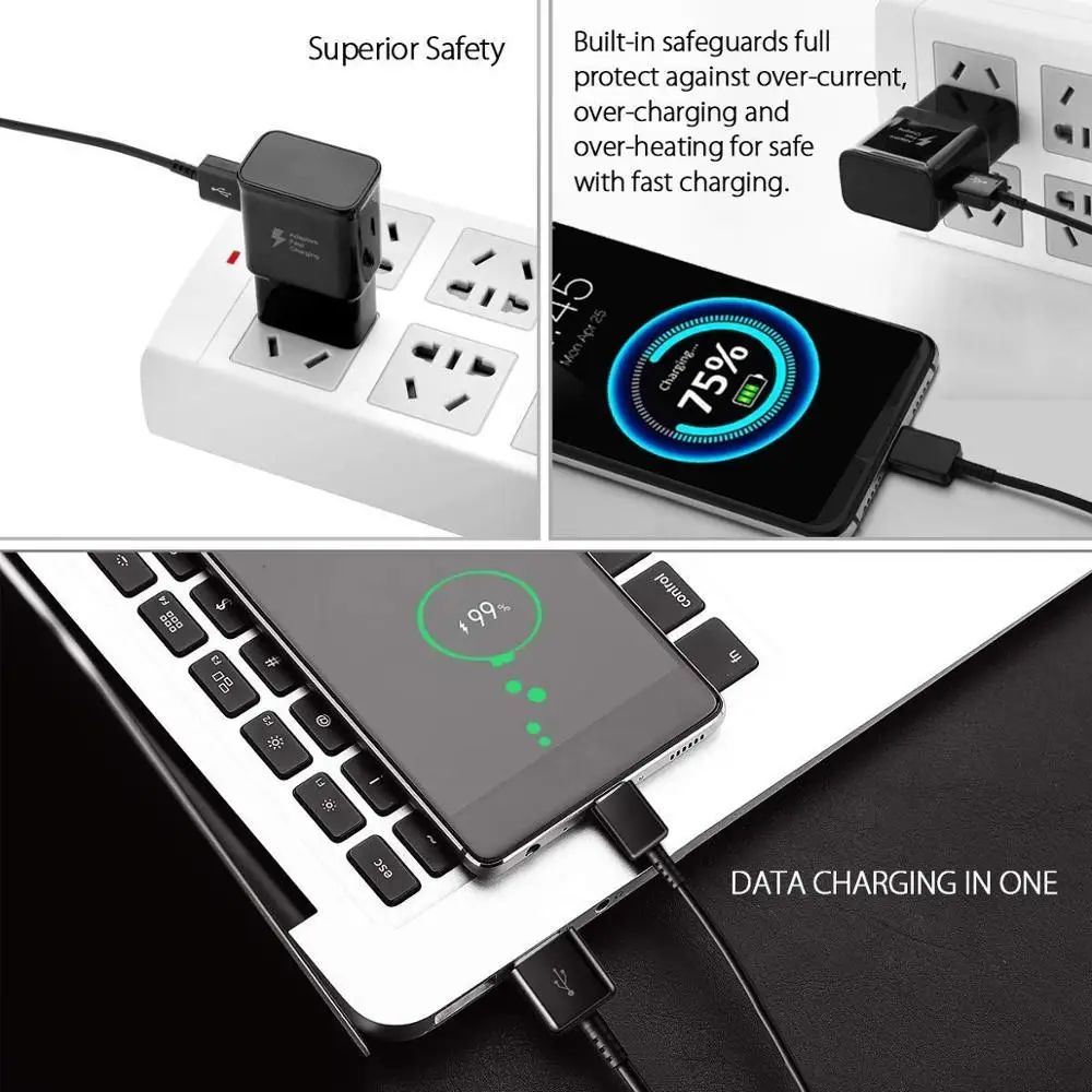 Adaptive Fast Charging Wall Charger Adapter with USB Type C Cable Quick Charge for Samsung Galaxy