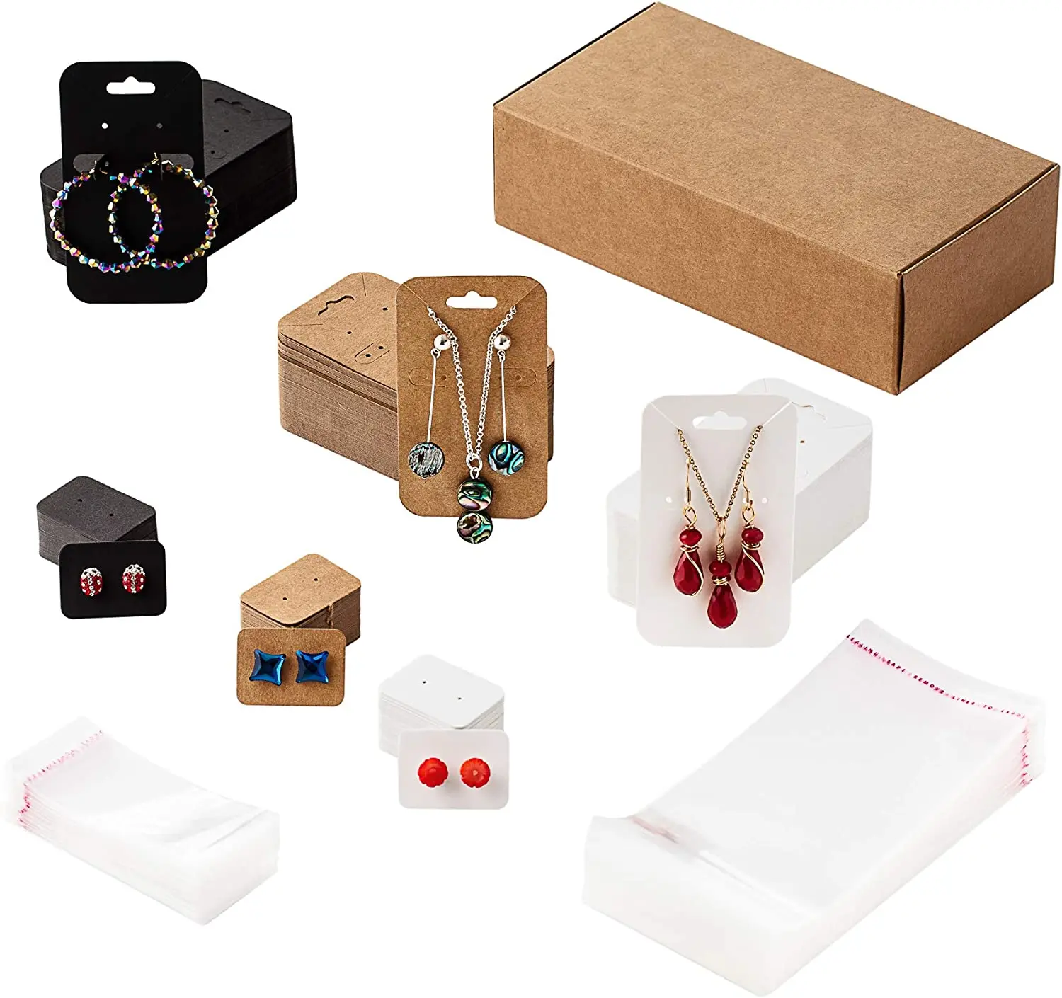 Free Design Self Sealing Bags Brown Black White Tags Jewelry Display Earrings Necklace Display Cards with Bags