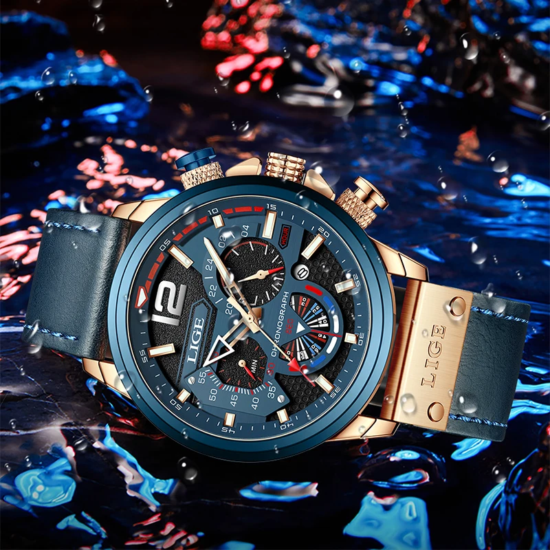 LIGE LG8959 new arrival blue male quartz watch low cost PU leather band 3 dials chronometer old sports hand watch