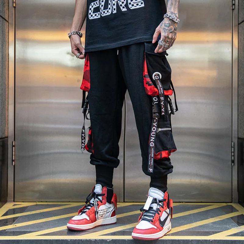 
Hip Hop Joggers Cargo Pants For Men Block Hit Color Pocket Track Pants Male Trousers Sweatpants Streetwear Letter Ribbons Casual 