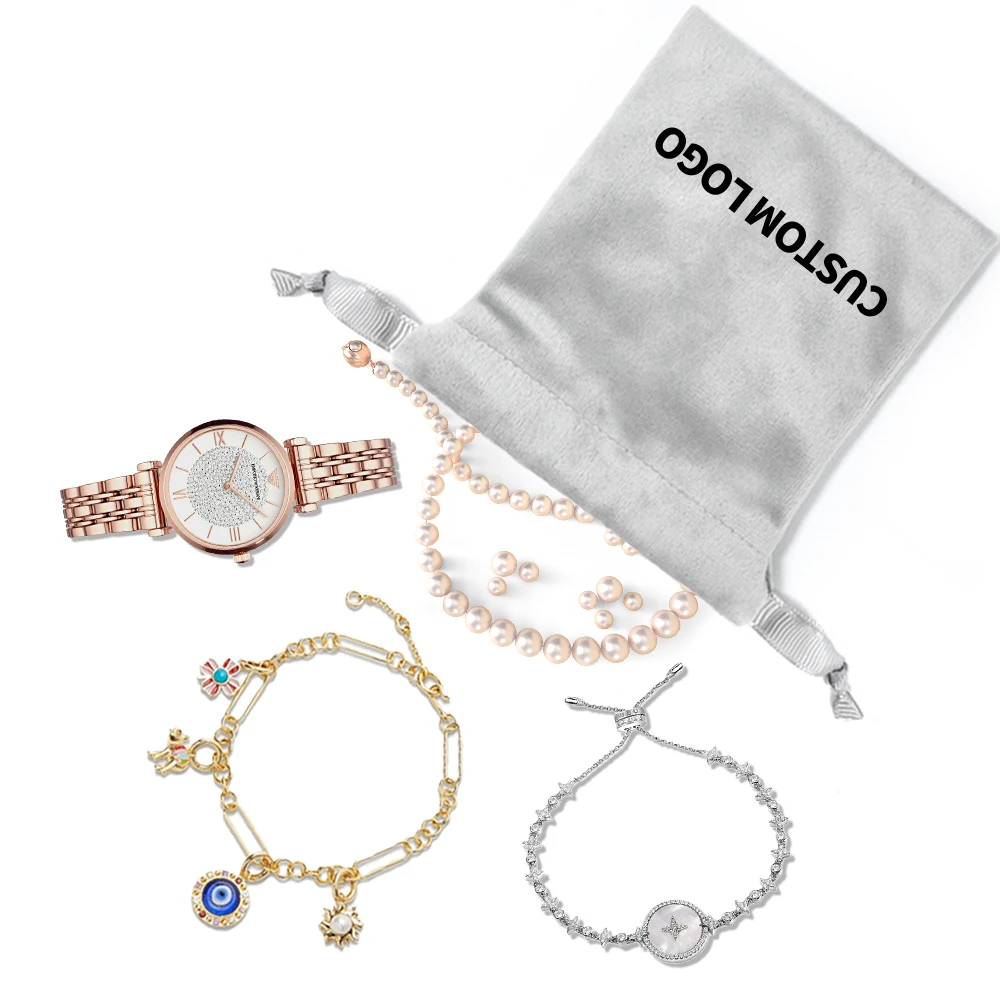 China Factory Earring Bracelet Necklace Ring Gift Jewelry Drawstring Bag Custom Logo Dust Suede Packaging Velvet Jewelry Pouch