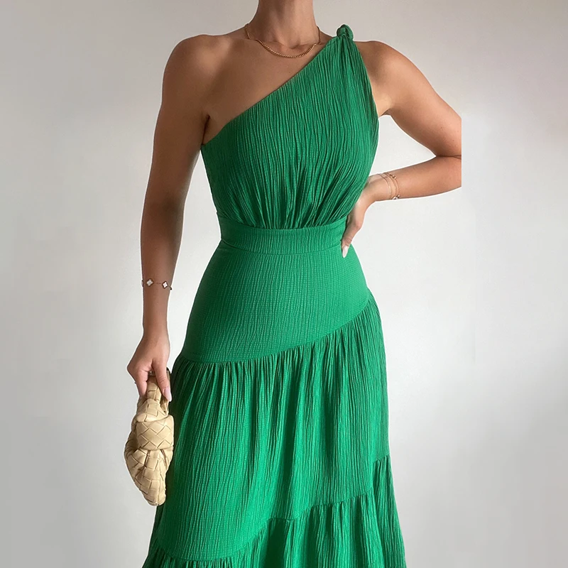 Fashion 2024 Summer Casual Office Lady Streetwear Fashion Sleeveless One Shoulder Women Elegant Green Pleated Dress Long Dresses