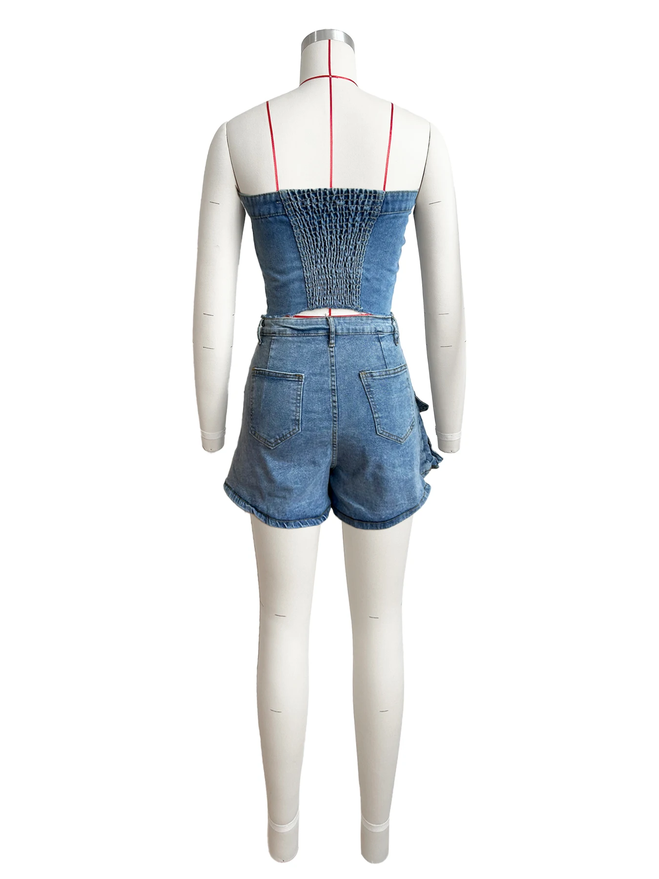 OJW052154 Summer casual two pieces short set with tube top and denim cargo shorts