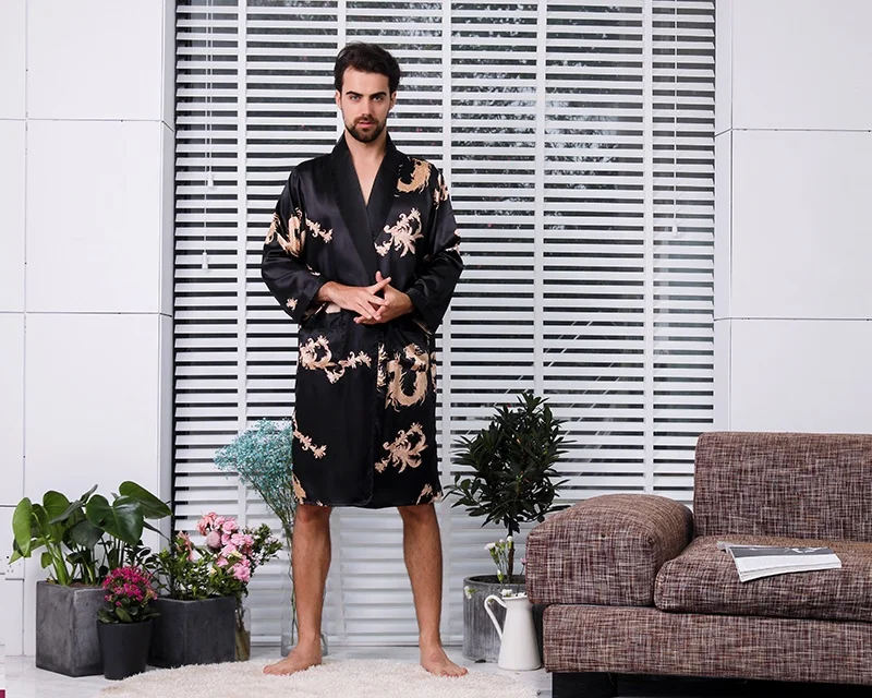 Two piece silk robe set Luxurious satin bathrobe long sleeve Chinese dragon design pajamas for men
